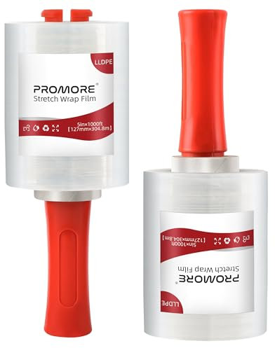 PROMORE Stretchfolie mit Rollgriff 2 Rollen 12,7cm x 305m, 20my extra dicke Mini-Hand-Stretchfolie Palettenfolie Kunststofffolie zum Umzug, Verpacken, Schrumpfen.