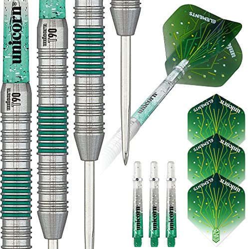 Unicorn Steeltip Dartpfeile Set | Core XL T90 Serie Style 2 | 90% Tungsten Barrels mit grünen Akzenten | 22g