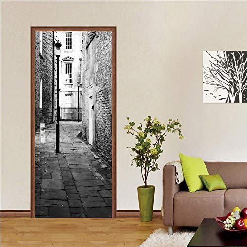 XWYDCF Autocollants Porte 3D Stéréo Rue De La Ville en Noir Et Blanc 77 * 200Cm Auto-Adhésif Porte Poster PVC Sticker Porte Autocollant Trompe L'Œil Papier Peint pour Salon Porte Chambre