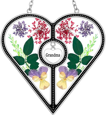 Oma Herz Sonnenfänger Buntglas Oma Behang für die Windsäen mit gepresstem Blumenherz im Glas mit Metallbesatz Herzanhänger - Happy Mother's Day Geschenke für Oma Geburtstage
