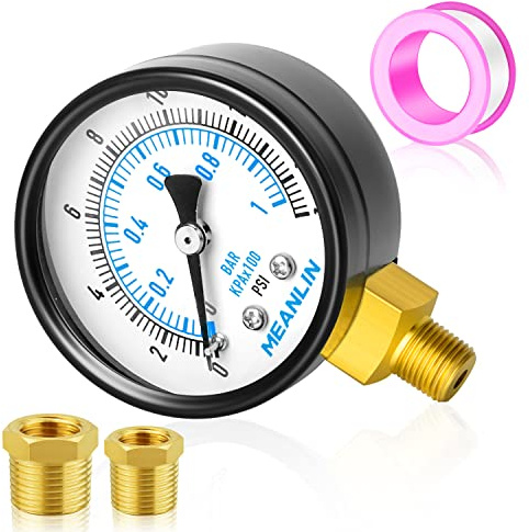 MEANLIN MEASURE 0-15Psi 2 DIAL FACE 1/8NPT Well Pump Pressure Gauge with 1/4NPT and 3/8NPT Adaptor, 3-2-3% Accuracy，Lower Mount