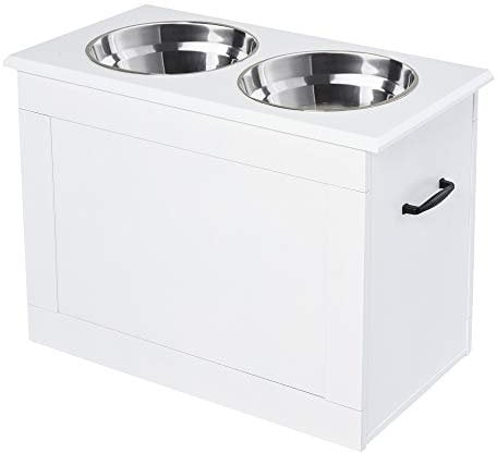 PawHut Erhöhter Hundenapf Futternapf mit Staumraum Wassernapf 2 x 2000ml Edelstahlnäpfen Hundenäpfe Fressnapf Futterstation für Hunde Katzen Weiß