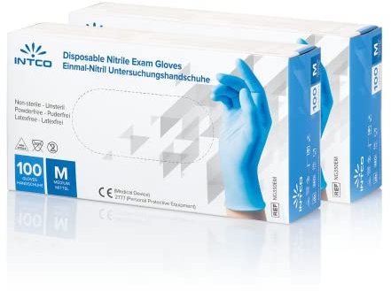 INTCO Blaue Nitril-Einweghandschuhe – puderfrei – latexfrei – ideal für Tätowierer, medizinische Bereiche, Kosmetikzentren, Lebensmittelhandhabung – Box mit 100 Stück (200S)