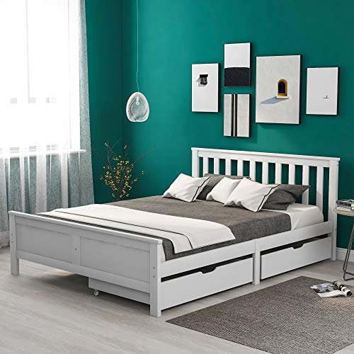 LTGB Double Bed Frame, Wooden Solid Pine Storage Bed with Drawers, Bed Furniture Frame, Suitable for Adults, Kids Teenagers, 4ft6 Double Bed, White, 196 x 146 x 82 cm
