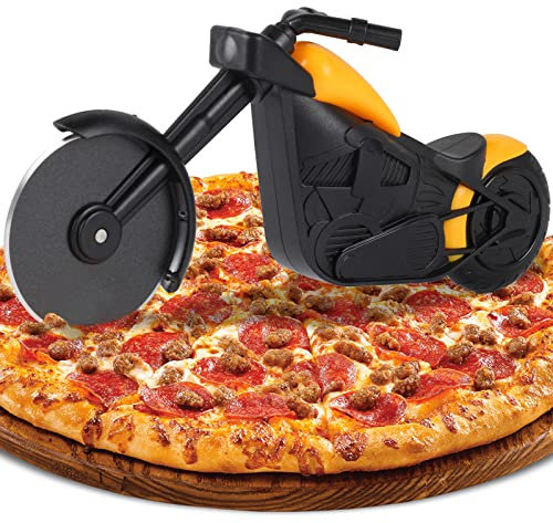 Motorrad Pizzaschneider, Lustige Pizza Schneider Edelstahl Kunststoff Pizzaroller Pizzarad Pizzamesser, Pizza Cutter mit Scharfem Schneiderad & Ständer für Weihnachten Geburtstag Geschenke (Gelb)