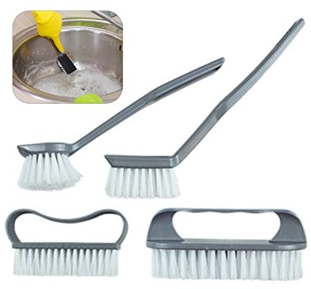 4Pcs Kitchen Brush Set, Non-Scratch Nylon Bristles, Long Handle Scrub Brushes for Pots, Pans, Sinks, Utensils, Durable, Ergonomic, Easy Storage, Grey Multi-Use Dish Cleaning Brushes