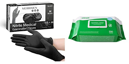 Merrimen Nitrile Gloves - BLACK | Disposable – Box of 100 | Latex & Powder Free & Clinell Universal Cleaning and Disinfectant Wipes for Surfaces (BCW200) - The Original Pack of 200 Regular Wipes