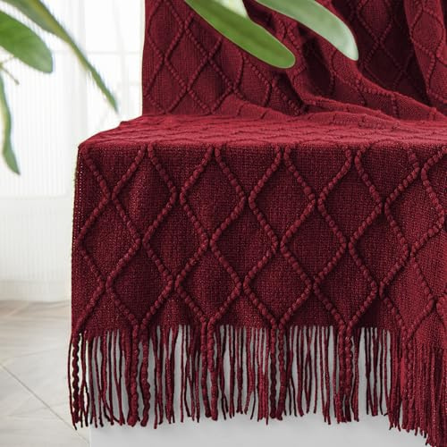 inhand Claret Knitted Throw Blanket for Couch Bed, Mothers Day/Mom Birthday Gifts for Mom from Daughter Son, Soft Lightweight with Tassels, Farmhouse Warm Decorative Blanket for Women, 60x80