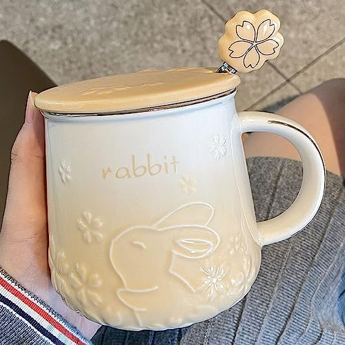 Xfeyaqlo Tazza Coniglio Bello Tazze Sakura, Tazza con Coperchio e Cucchiaino, Tazza Caffè 420ml Tazze Colazione Ceramica, Un'Ottima Scelta Regalo (Giallo)