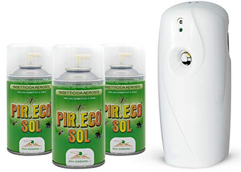 Virsus 3 Bombolette Insetticida a Base di Piretro da 250 ml per Mosche zanzare e Insetti Volanti e Striscianti Uso Domestico, Piretro Naturale + 1 Erogatore Night And Day Automatico programmabile