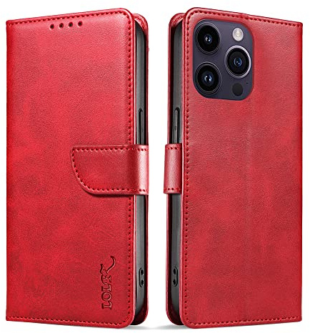 LOLFZ Wallet Case for iPhone 15 Pro, Vintage Leather Book Case with Card Holder Kickstand Magnetic Closure Flip Phone Cover for iPhone 15 Pro - Red