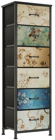 CAIYUN Chest of Drawers Bedroom with 6 Drawers, Tall Fabric Dressers with Flower Printing, Dresser for Entryway Hallway Living Room, Closet Storage Drawer, Bedside Table