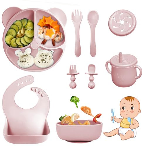 Bizcasa Vajilla Bebe Silicona, 9 Piezas Vajilla de Silicona para Bebés Antideslizante, Con Plato Cuenco Babero Taza, Vajilla de aprendizaje para comer destete, Sin BPA (Rosa claro)