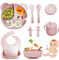 Bizcasa Vajilla Bebe Silicona, 9 Piezas Vajilla de Silicona para Bebés Antideslizante, Con Plato Cuenco Babero Taza, Vajilla de aprendizaje para comer destete, Sin BPA (Rosa claro)