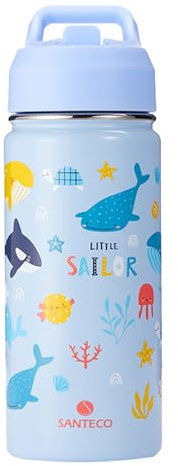 SANTECO Borraccia Bambini Acciaio Inox, Senza BPA, 500ml Borraccia Termica a Prova di Perdite con Cannuccia per Scuole, Facile da Pulire