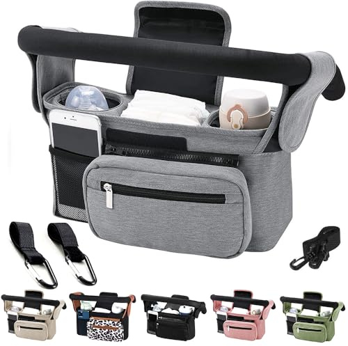 Tyuodna Kinderwagen Organizer Universal,Kinderwagen Tasche mit 2 Isolierten Becherhalter,Buggy Organizer,Kinderwagentaschen mit Schultergurt und Rutschfeste Sichere Haken (Grau)