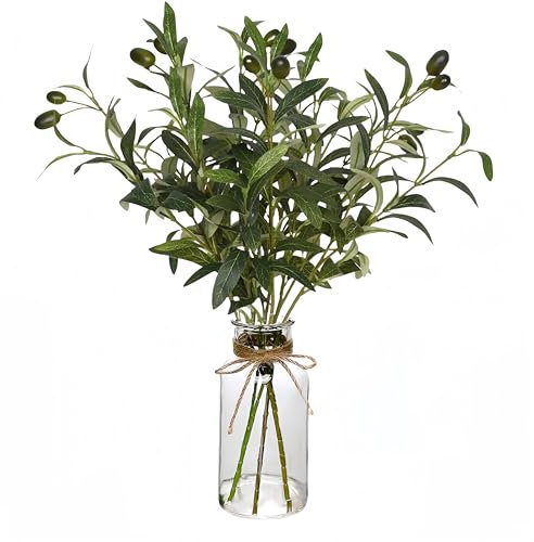 Avoik Ramas de olivo artificiales con jarrón de cristal, 37 cm, planta artificial, ramas de oliva, ramas de eucalipto de imitación para casa, oficina, salón, boda, cocina, mesa, decoración de pieza