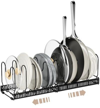 Hawthyhome Pan Organiser Rack for Cupboard,Expandable pan storage rack with 7 Adjustable Dividers,Pot Lid Holder,Chopping Board Holder Rack,Black