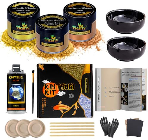 Plearty Kintsugi Repair Kit - 50ml Food Safe Linseed Resin - Dishwasher Proof - 60g Metallic Gold Mica Powder w 2 Practice Cup 15-Page Guide of The Most Complete Modern Kintsugi kit