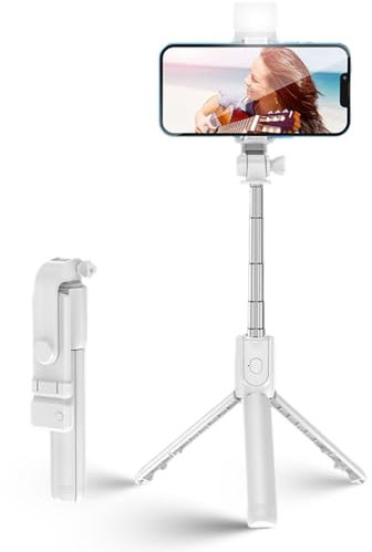 6 In 1 Wireless Bluetooth Selfie Stick, Bluetooth Selfie Stick Stativ mit Fernauslöser LED, Stativ für Smartphone 360° Drehbar Tragbar Handy Halterung Stativ für iPhone Samsung (Weiß, 0.7m)