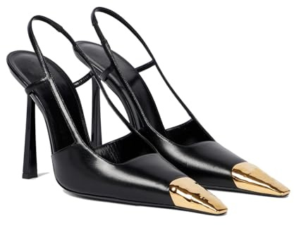 THESHY Womens Slingback High Heels Metal Pointed Toe Leather High Stiletto Heel Pumps Slip on Elastic Strap Fashion Dress Shoes for Women, Black, 9.5