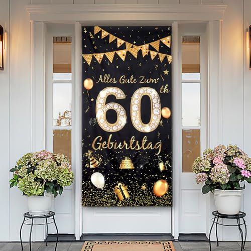 Geburtstagsbanner 60 Jahre, 60. Geburtstag Hintergrund 185 × 90 cm, Schwarz Gold Banner Deko Lange, Alles Gute zum 60th Geburtstag Deko, Tür Banner für Mann Frau 60.Geburtstagsfeier