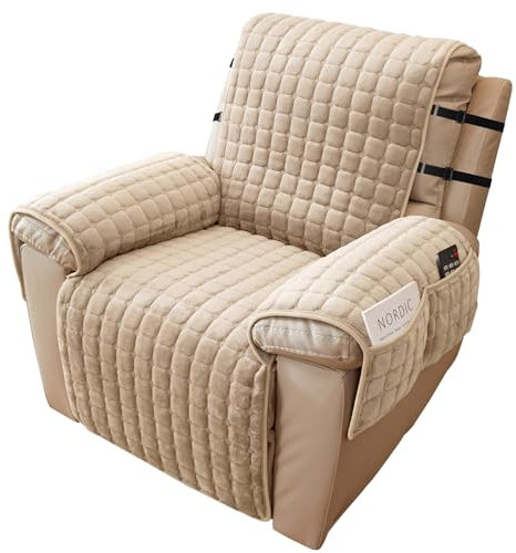 Alishomtll Sesselschoner für Relaxsessel Relaxsofa, 1 Sitzer Fernsehsessel Armlehne Sesselauflage, Anti-Rutsch Kratzfest Sesselüberzug mit 4 Taschen und 2 Verstellbaren Riemen, 53x190cm, Beige