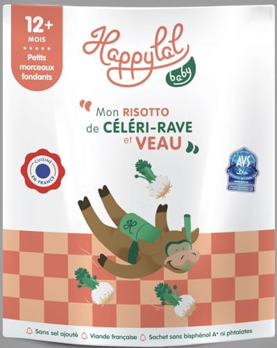Happylal Baby Repas Halal Bébé 12 mois | Céleri-Rave, Veau | Petits pots Certifiés Halal | Diversification alimentaire bébé | Fabriqué en France | Lot 10 x 220g