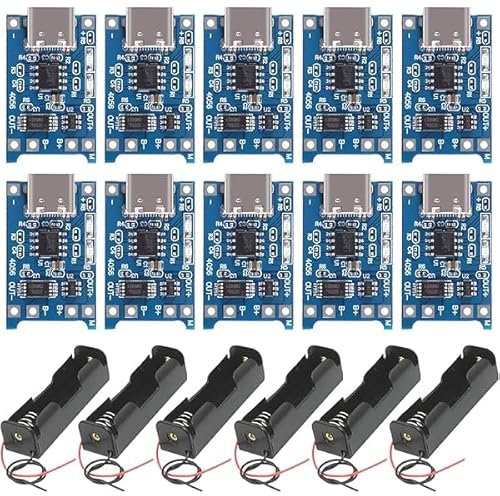 6 Pezzi Porta Batterie 3.7V 18650 Custodia per Batterie in Plastica con Slot Singolo + 10 Moduli Caricabatterie USB Tipo-C 5V 1A, Custodie e Cavi Inclusi, 18650 Battery Clip Holder Case