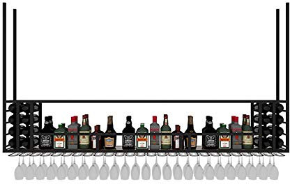 JKJZSALJ Weinregal zur Wandmontage – Schwarzes Weinregal zum Aufhängen, Weinregal für Decken, Glasvitrinen auf der Rückseite mit Lichtern