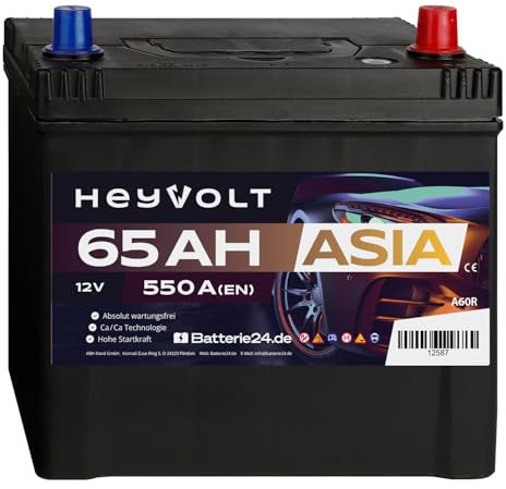 HeyVolt Autobatterie 12V 65Ah ASIA 550A Hochleistungs-Blei-Säure-Batterie, Langlebig, Kompatibel mit PKW, Pluspol Rechts