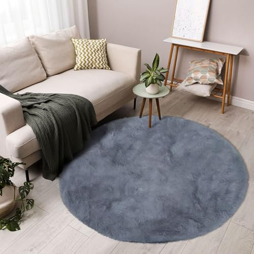 FeinKulturia Teppich Rund 120 cm, Kaninchenfellimitat Hochflor Waschbare Teppiche, Flauschig EIN Rutschfester Weicher kinderteppich rund für Wohnzimmer, Schlafzimmer