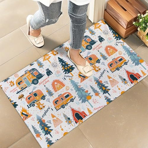 amepay Camping Adventure Indoor Door Mat – Stylish 17x29.5in Non-Woven Fabric Floor Doormat with Tent Bear Tree Design,Retro Camper Doormats,for Porch Insider,Bedroom,Living Room – Decor Rug Gifts