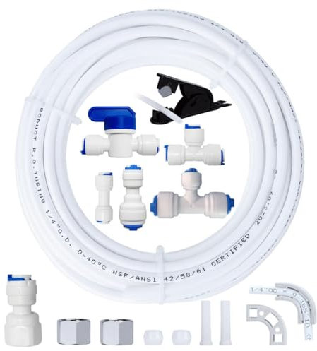 Universal Wasserzulaufleitung Anschlussset, für Osmoseanlage, Trinkwasser-Wasserhahn ohne Luftspalt, 15m 1/4 Schlauch mit Verbindern, T-Stücken, Absperrventil, Rohrschneider & Montagezubehör