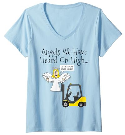 Damen Weihnachtsengel, Gabelstapler, Carol Singer Lustig T-Shirt mit V-Ausschnitt