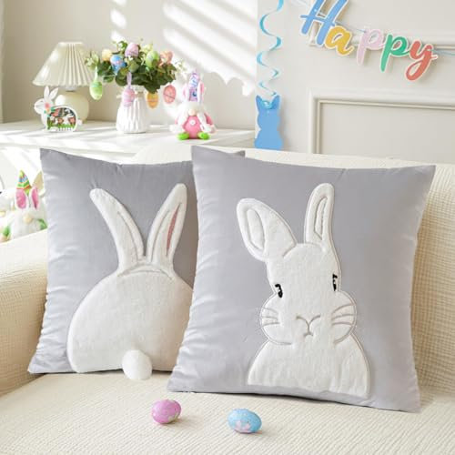 Kissenbezug Ostern 45x45 cm, 2 Stück Osterdeko Hase Schwanz Kissenbezug Samt, Osterdeko Modern Hase Deko Kissenhülle, Osterhase Kissenbezüge für Kissen 45x45, Ostern Deko Zimmer Deko Aesthetic (Grau)