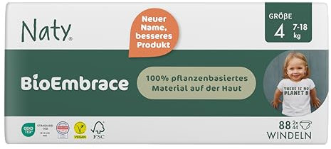 Naty BioEmbrace Baby Windeln Größe 4 (7–18 kg) | 100% pflanzenbasierte Materialien auf der Haut | Atmungsaktive Weichheit, dermatologisch getestet, exzellente Saugkraft | 88 Stück