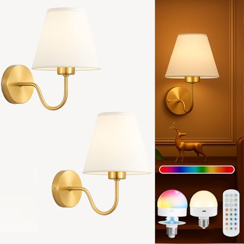 Ugvmn Wireless Wall Sconces Set of 2 with Remote — Gold Pleated Shades Cordless Rechargeable E26 Bulbs, 12 RGB Colors + 3000K/4000K/6000K, Dimmable Wall Mounted Lamps for Bedroom Living Room Hallway