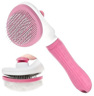 Yoodeet Cat Hair Brush, Self Cleaning Pet Hair Brush with Release Button - Skin Friendly Deshedding Grooming Brush, Cat Brush for Shedding with Metal Comb for Short and Long Haired Cats Dogs (Pink)