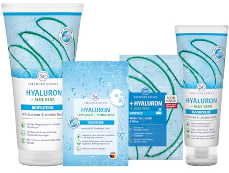 Dresdner Essenz Skin Essence – Hyaluron Pflegeset – 4-teiliges Beauty-Set | Intensiv feuchtigkeitsspendendes Set mit Bodylotion, Badesalz, Tuchmaske & Handcreme – vegane Hautpflege mit Hyaluronsäure