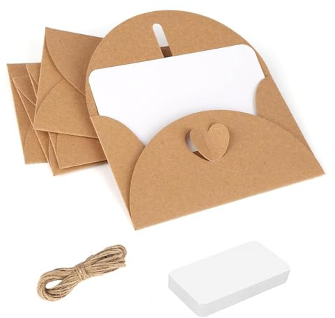 50 Stück Mini Briefumschläge Set, Vintage Kraftpapier Umschläge mit 100 Blanko Karten und Hanfseil, Mini Briefumschläge mit Herz Verschluss für Geschenkkarten DIY Graffiti