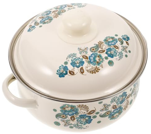 Angoily Enamel Stock Pot with Lid Flat Bottom Cooking Pot Double Handle Soup for Stove Enamel Kitchen for Soup Noodles and Hot