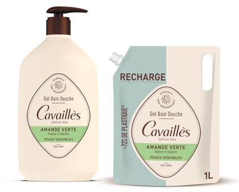 ROGÉ CAVAILLÈS | Gel Bain Douche Amande Verte + Eco-recharge | Nettoie en douceur | Pour peaux sensibles | Sans savon | 84,5% d'origine naturelle | Pour toute la famille, dès 3 ans | 2x1L