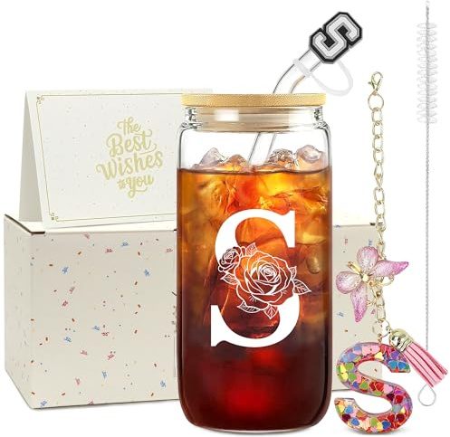 ZIOSINM A-Z Personalisierte Geschenke für Frauen – Glasbecher | Glasbecher mit Deckel & Strohhalm + Schlüsselanhänger Buchstabe, Geschenke für Frauen zum Valentinstag Geburtstag Weihnachten