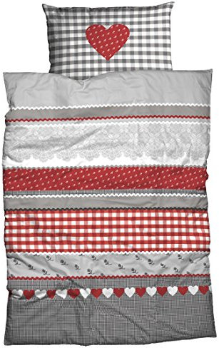 Casatex Bettwäsche Herz Karo Biber Silber-rot Größe 1x 135x200 cm + 1x 80x80 cm