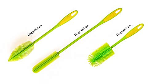 Kochblume Flaschenbürste 36cm & Flaschenbürste Slim & Silikon Spülbürste Rund 3er Set | Premium-Silikon | Hitzbeständig | Spülmaschinenfest | Für Trinkflaschen, Thermoskannen & Gläser | Farbe: limette