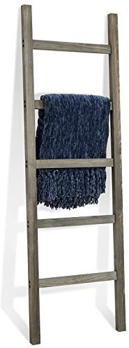 MyGift 152 cm Dark Grey Rustic Barnwood Wall-Leaning Towel and Blanket Ladder Rack – Decorative Wooden Storage Display