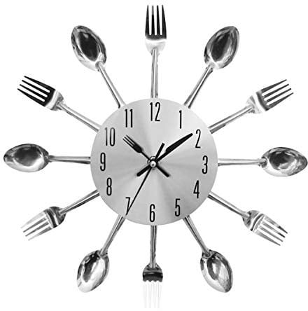 Wall Clock Kitchen Cutlery Utensil Knife Spoon Fork Wall Clock 3D Modern Mirror Wall Decal Quiet Clock Kitchen Restaurant Home Decor 12 inches