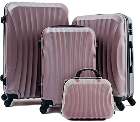 R.Leone Valigia da 1 pezzo Fino a Set 4 Trolley Rigido grande, medio, bagaglio a mano e beauty case 4 ruote in ABS 2037 (Rose Gold, Set 4 XS S M L)