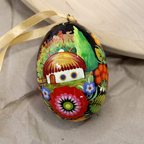 Kunstvoll Bemaltes Osterei Aus Holz 6-6,5 Cm Mit Floralem Muster und Dorhaus Rustikale Ukrainische Osterdekoration